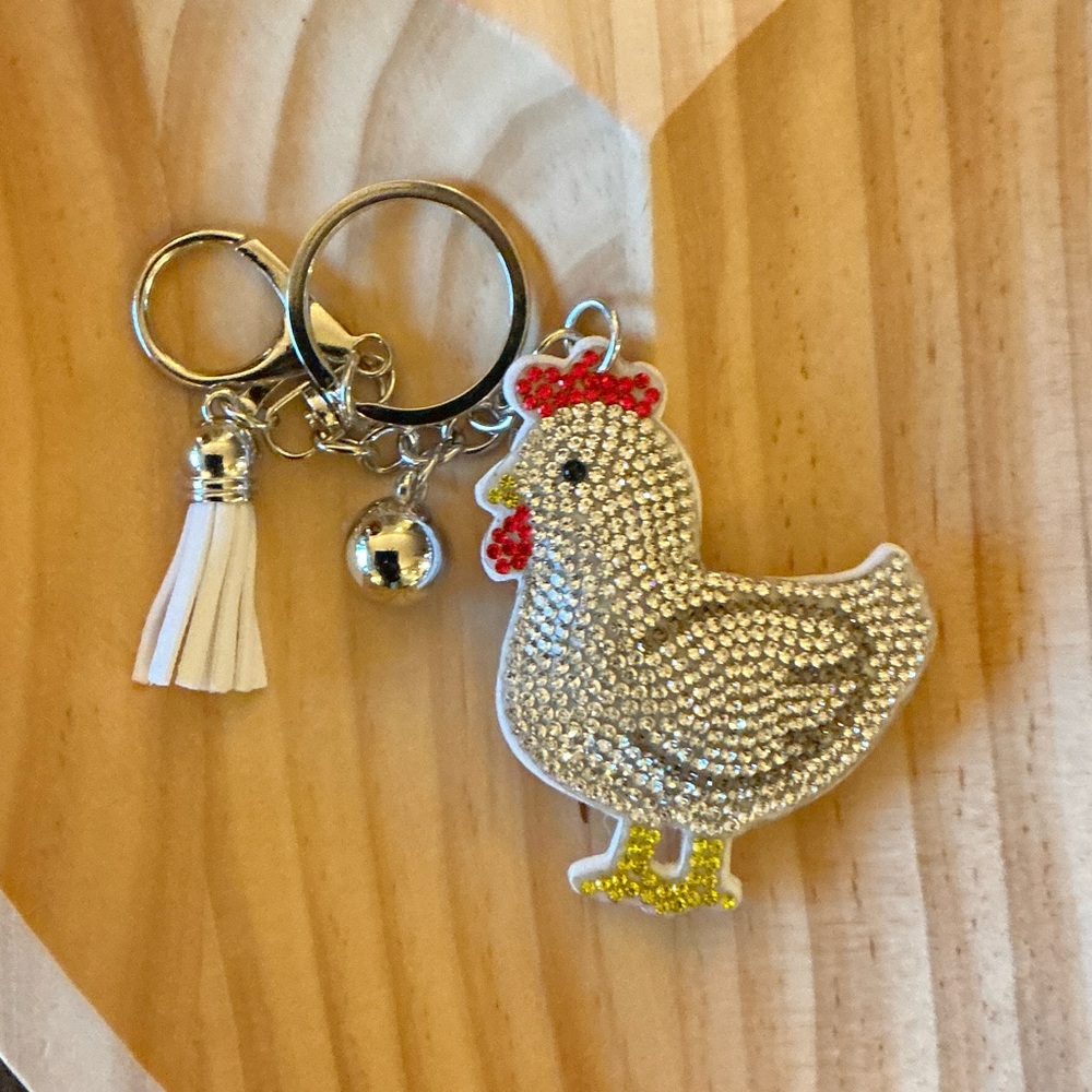 Silver Rhinestone Chicken Keychain
